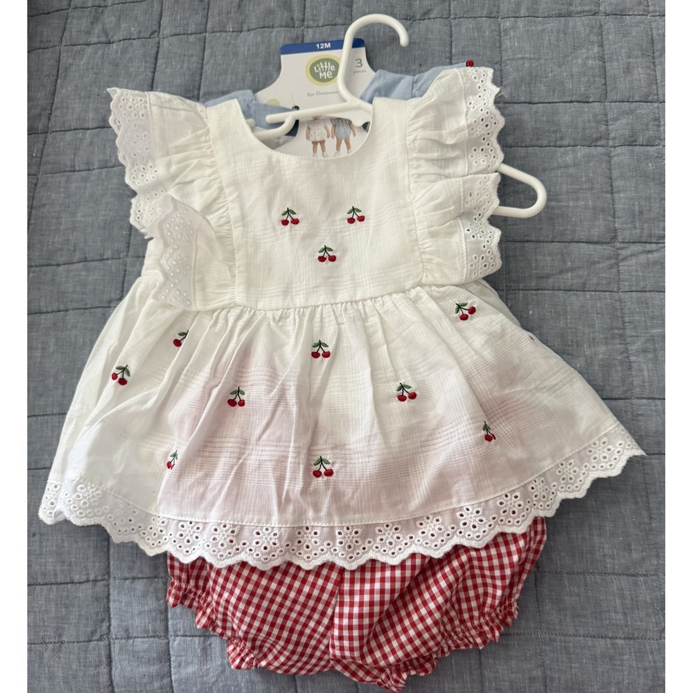 Little Me Baby Girls 12M 3 Piece Dress Romper Bloomer Set Cherries Floral NWT